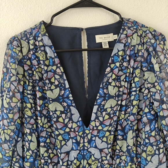 Ted Baker Tiered Swing Mini Dress Butterfly Print Long Sleeve in Blue Size 8 - Picture 11 of 16